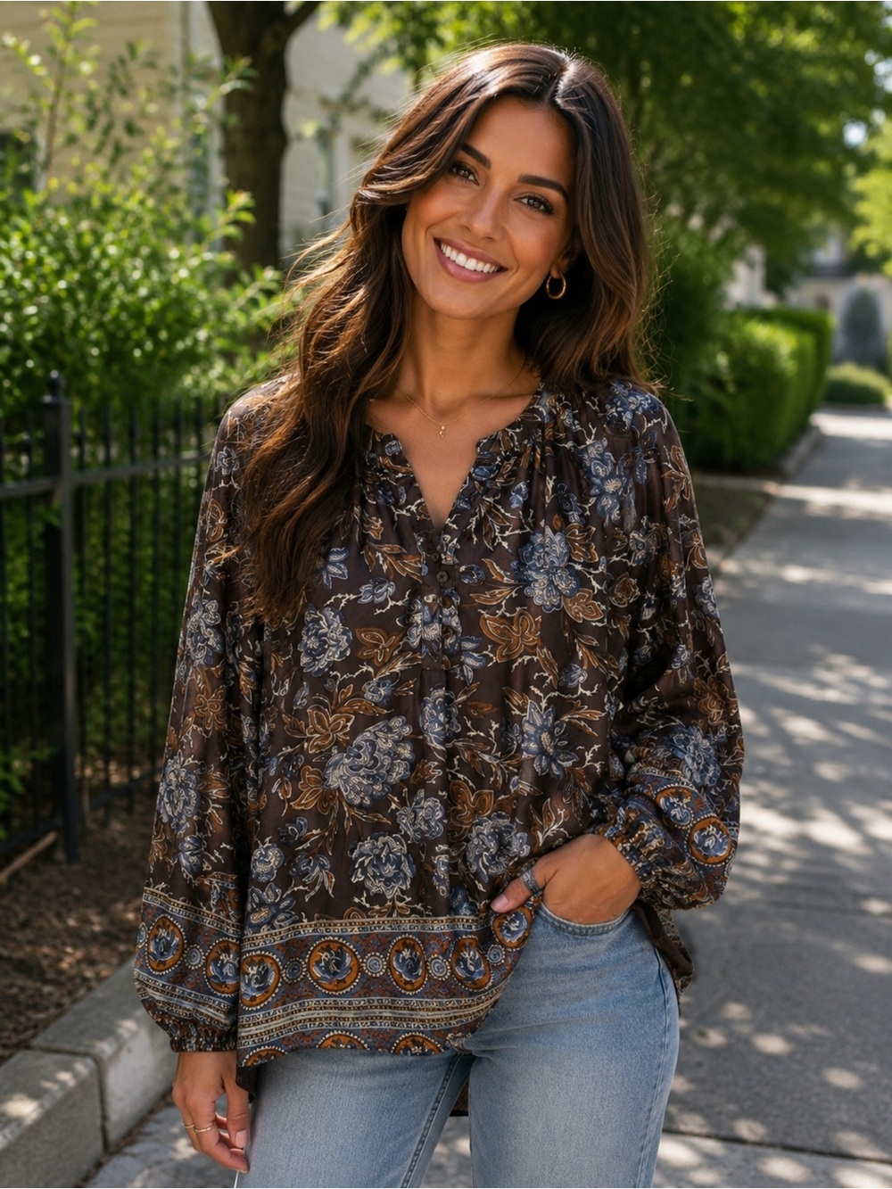 Lucky Brand Brown Floral Henley Tunic with Blue & Cream Accents